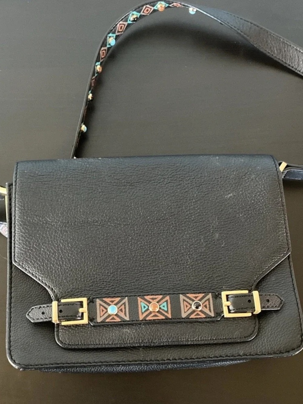 Black Leather Crossbody with Decorative Geometric Strap